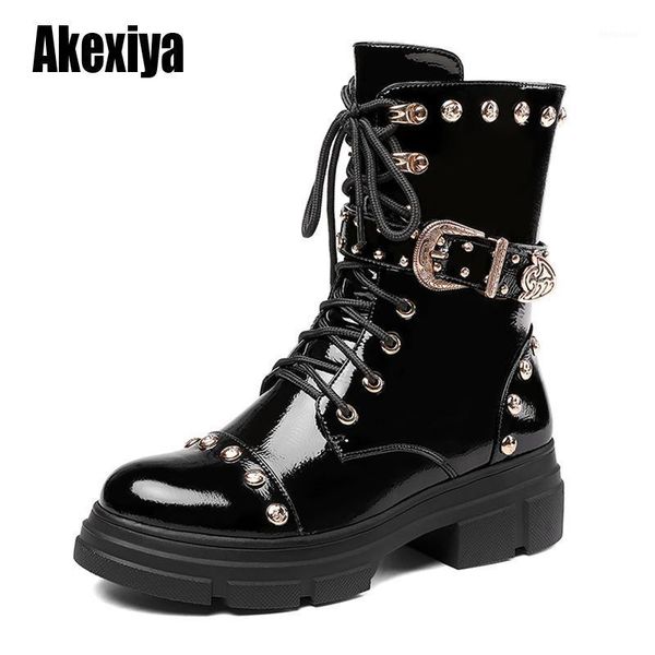 boots 2021 round toe metal genuine leather for women black gothic female shoes square heel high heels punk u7041